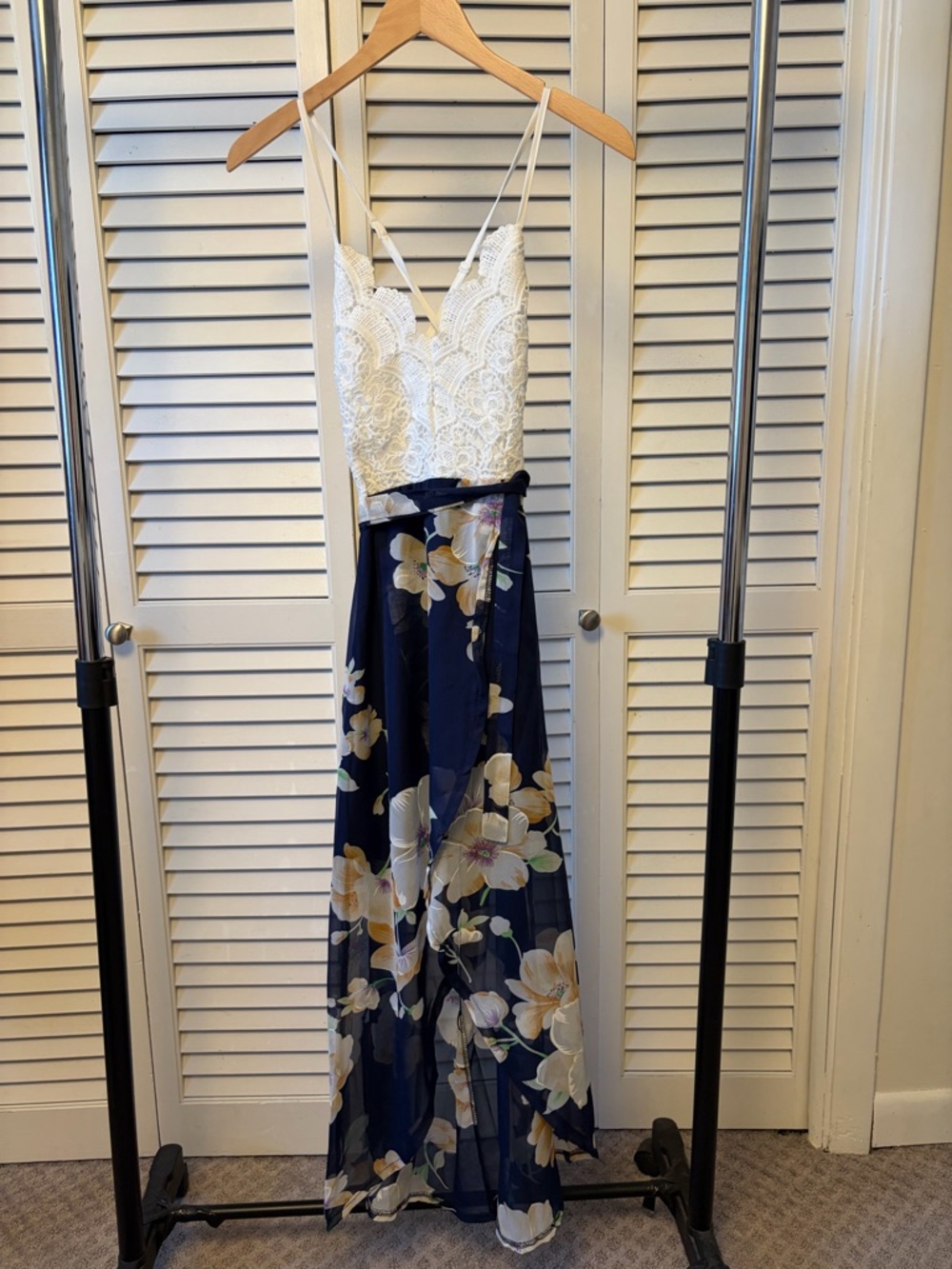 White Lace Top Navy Floral Tulip Hem Maxi Dress